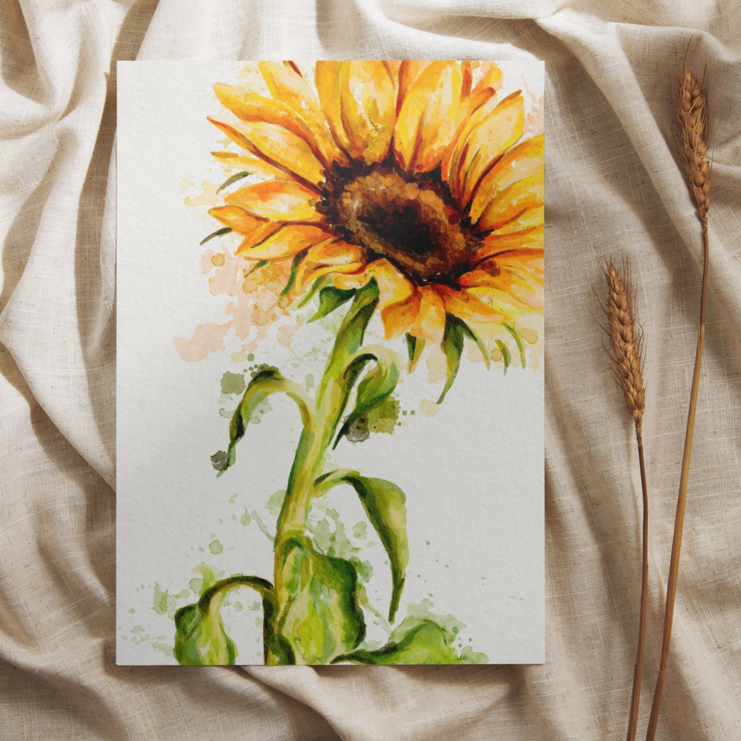 Watercolour sunflower art print on a natural linen background