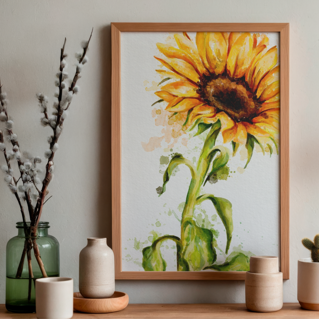 framed art print of a watercolour sunflower