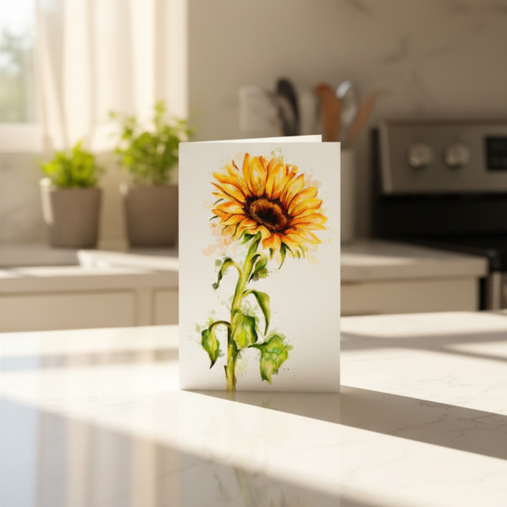 Card with a watercolour sunflower design on a kitchen counter