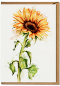 Watercolour painting of a sunflower on a white greeting card with a brown kraft envelope