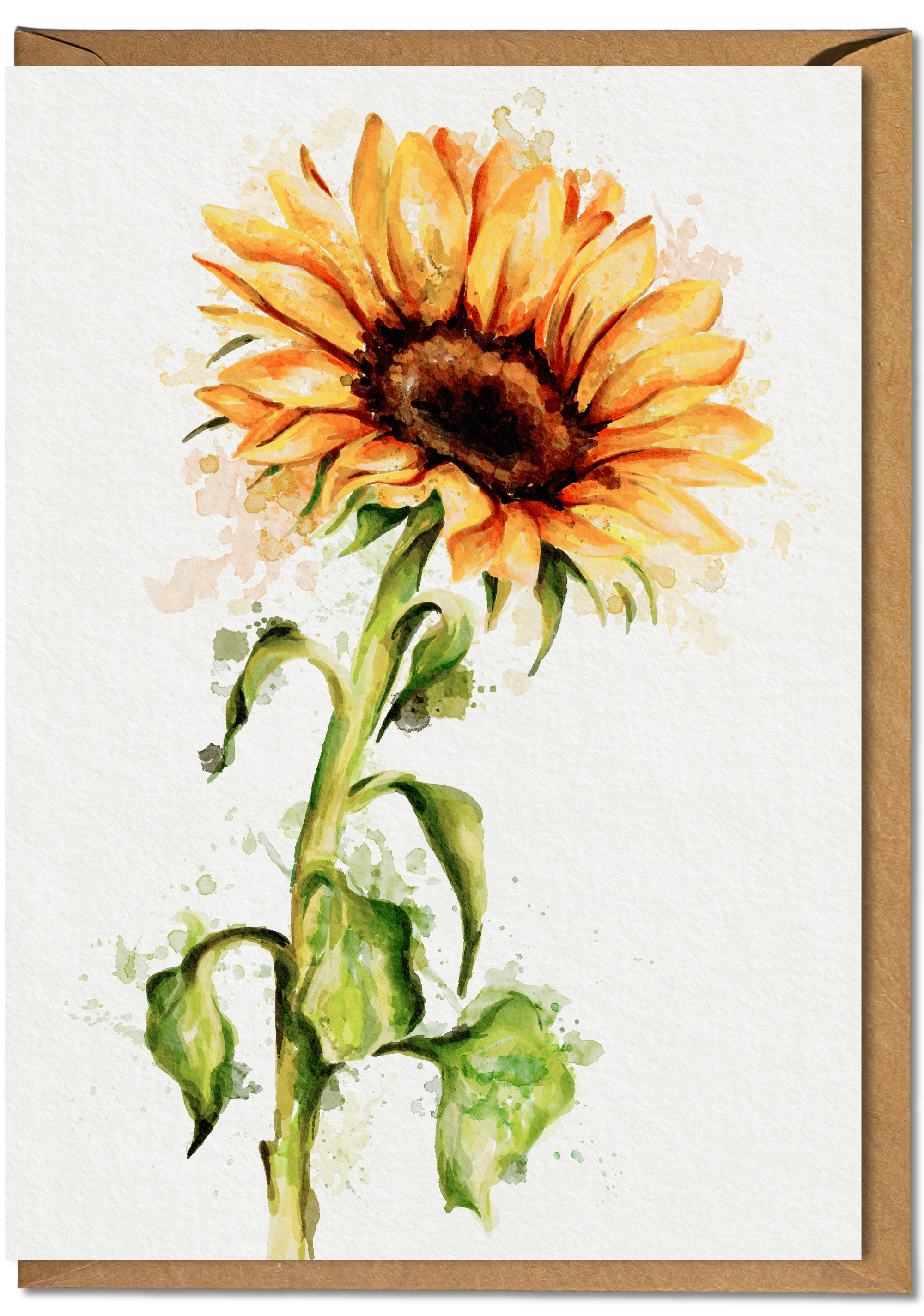 Watercolour painting of a sunflower on a white greeting card with a brown kraft envelope
