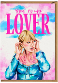 Card with illustration of a person and text 'You're my Lover' on a colorful background