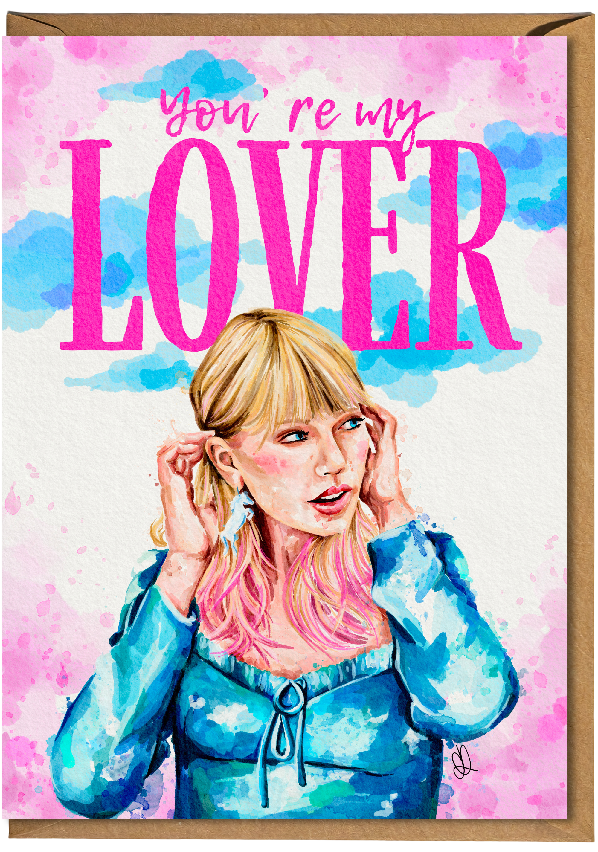 Card with illustration of a person and text 'You're my Lover' on a colorful background