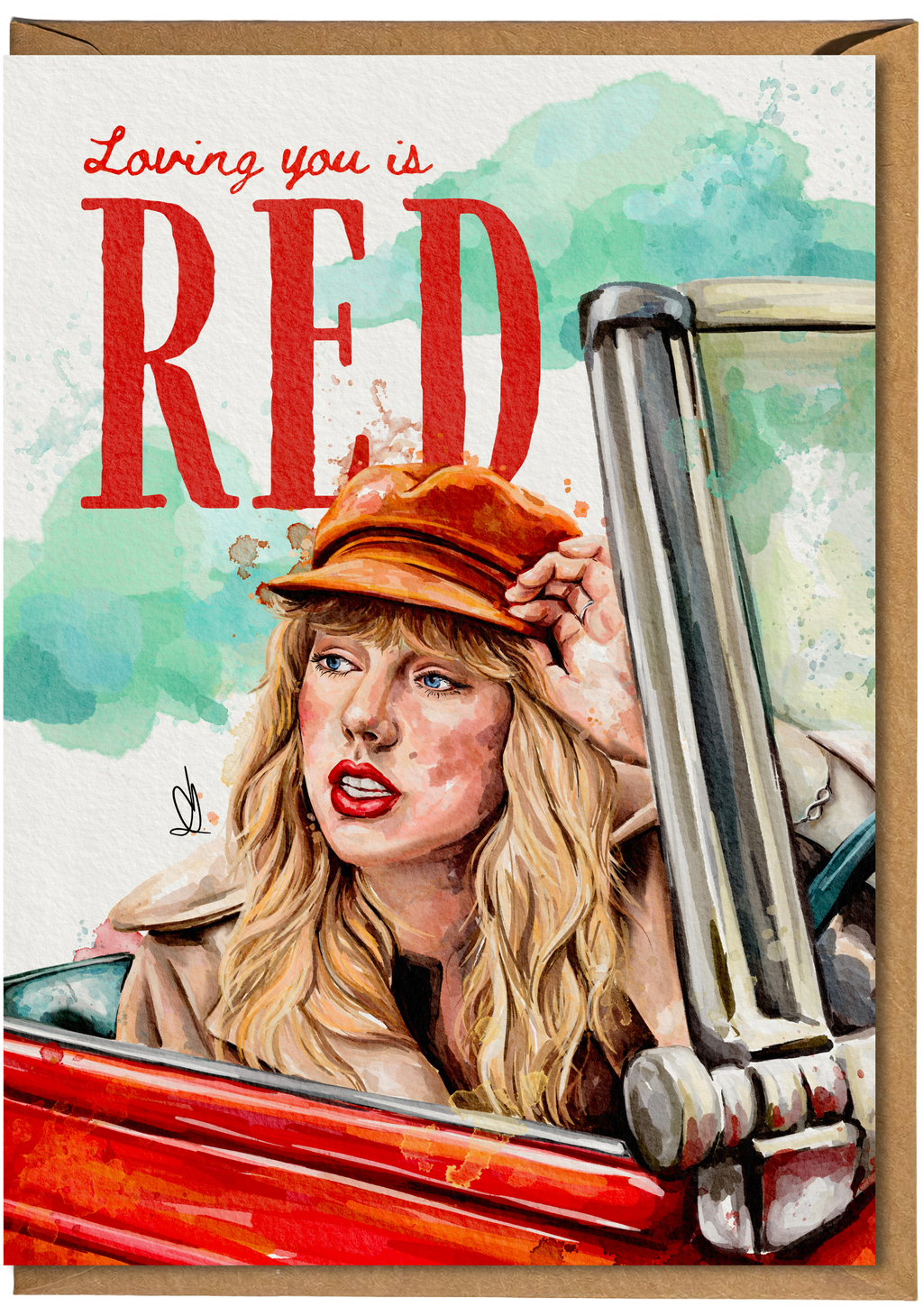 Card with illustration of a woman in a car, text 'Loving you is RED', and watercolor background.