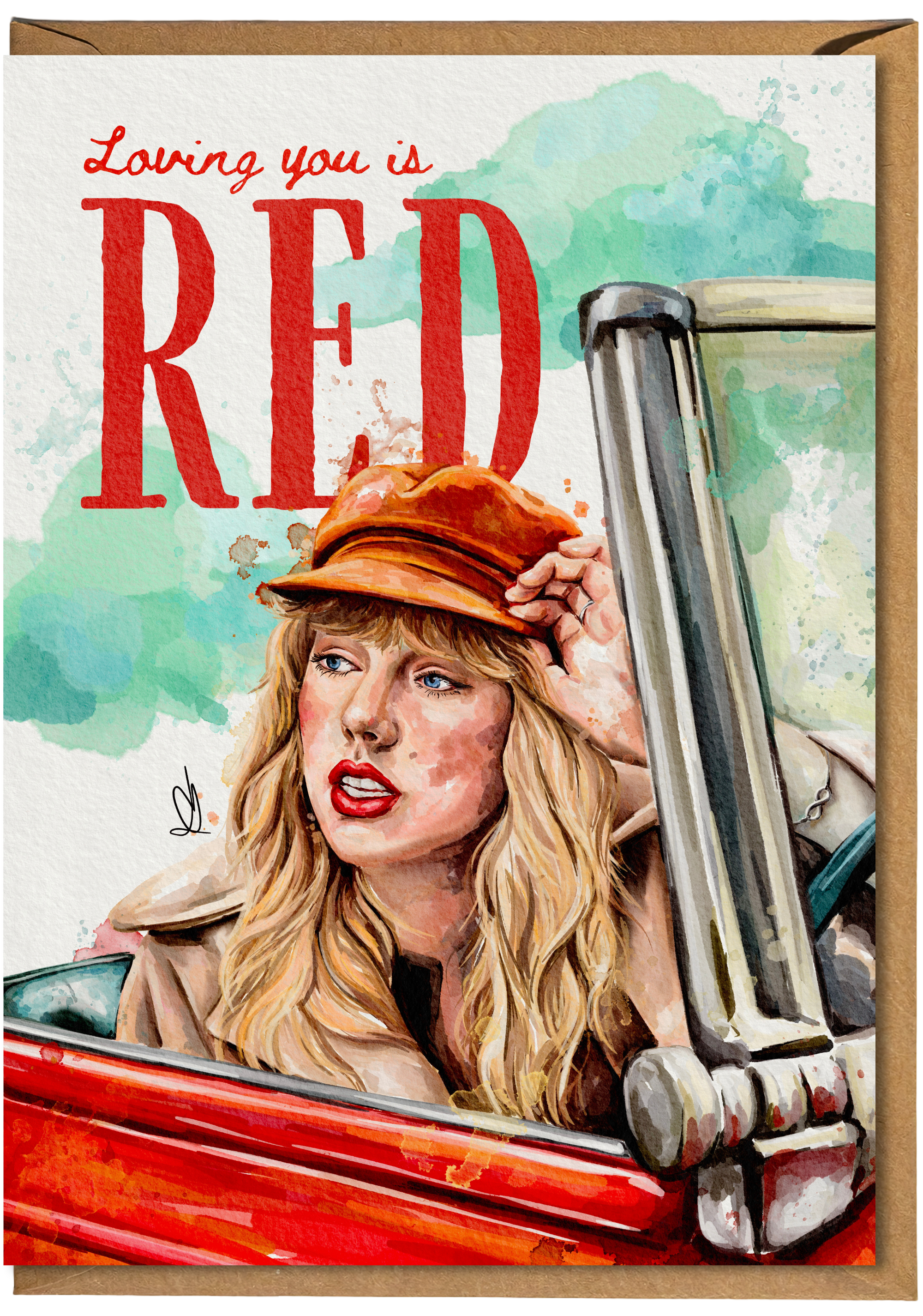 Card with illustration of a woman in a car, text 'Loving you is RED', and watercolor background.