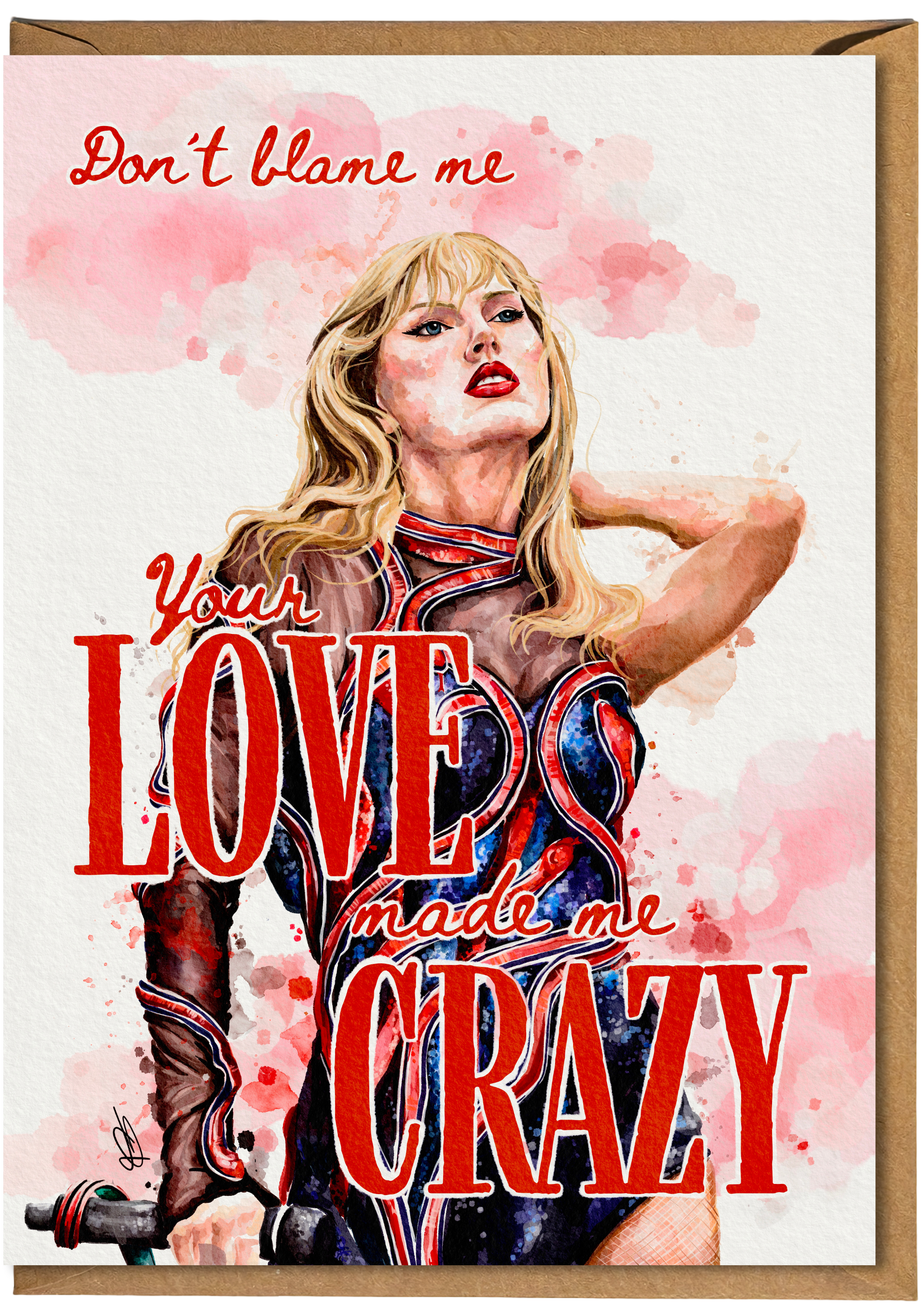 Card with a stylized illustration of a woman and text 'Don't blame me, your love made me crazy' on a watercolor background.