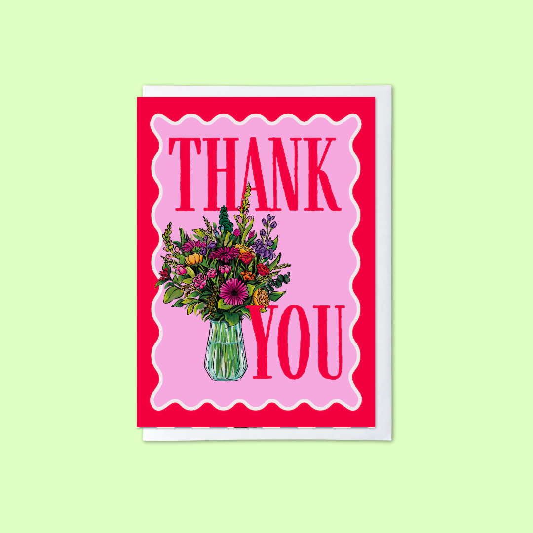pink and red thank you card with wildflower bouquet illustration