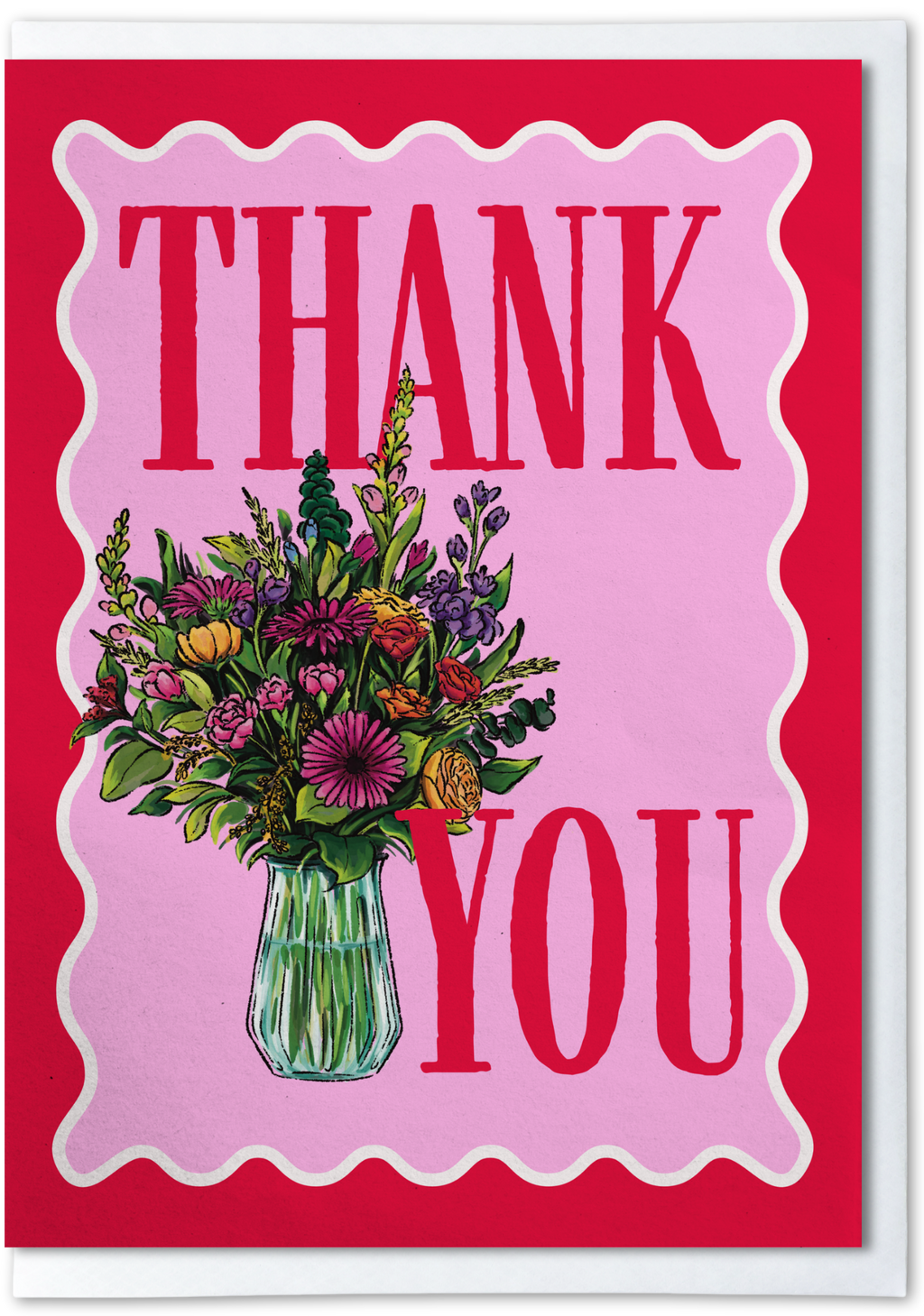 Card with 'Thank You' text and a bouquet of flowers on a red and pink background