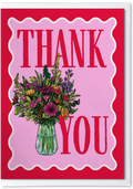 Card with 'Thank You' text and a bouquet of flowers on a red and pink background