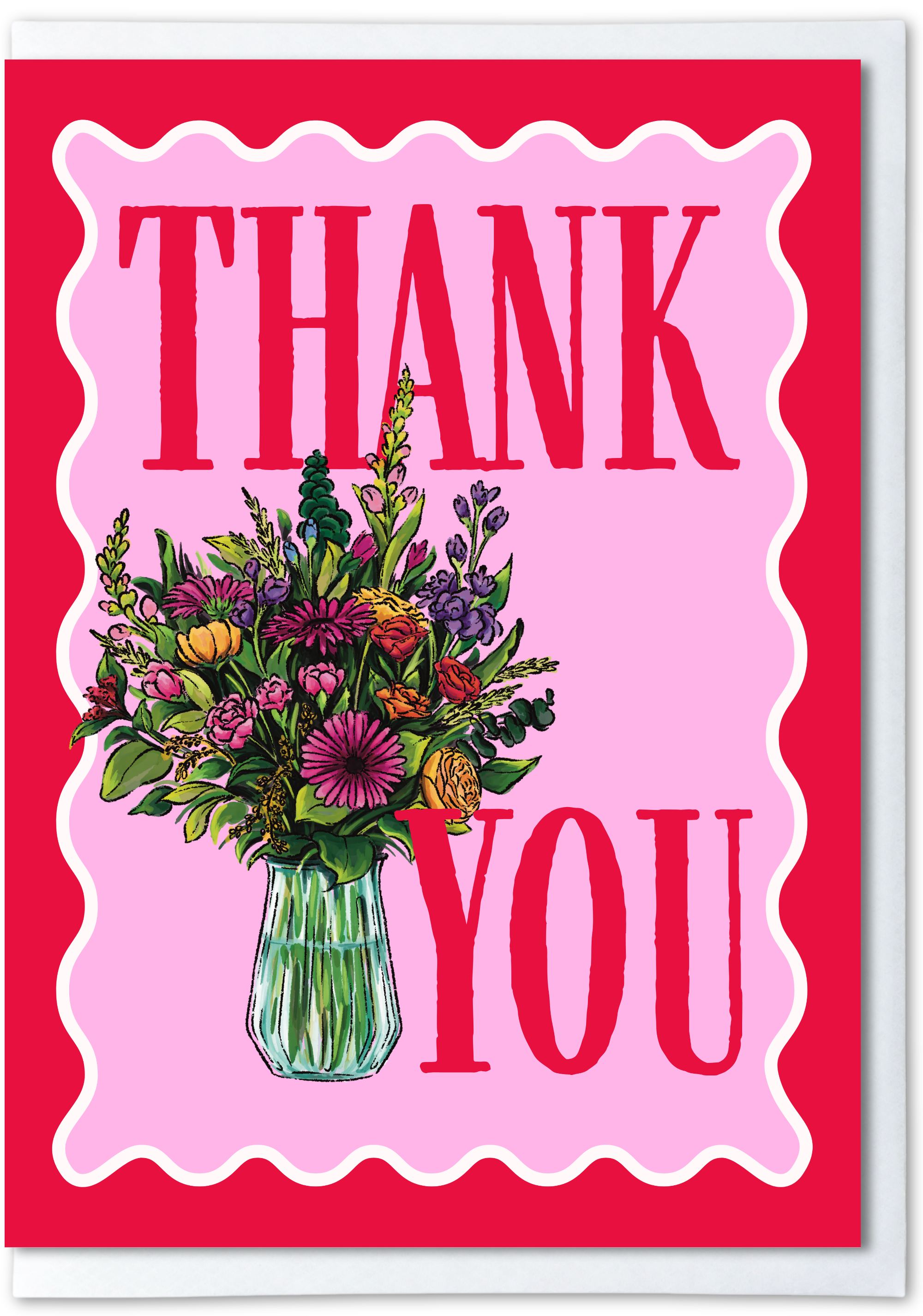 Card with 'Thank You' text and a bouquet of flowers on a red and pink background