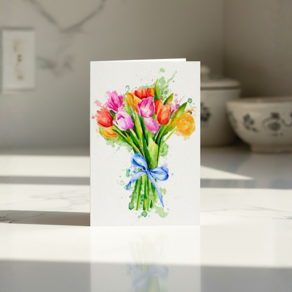 Greeting card with colourful watercolour tulip bouquet design on a white surface.