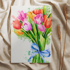 art print of a bouquet of watercolour tulips on a natural linen background