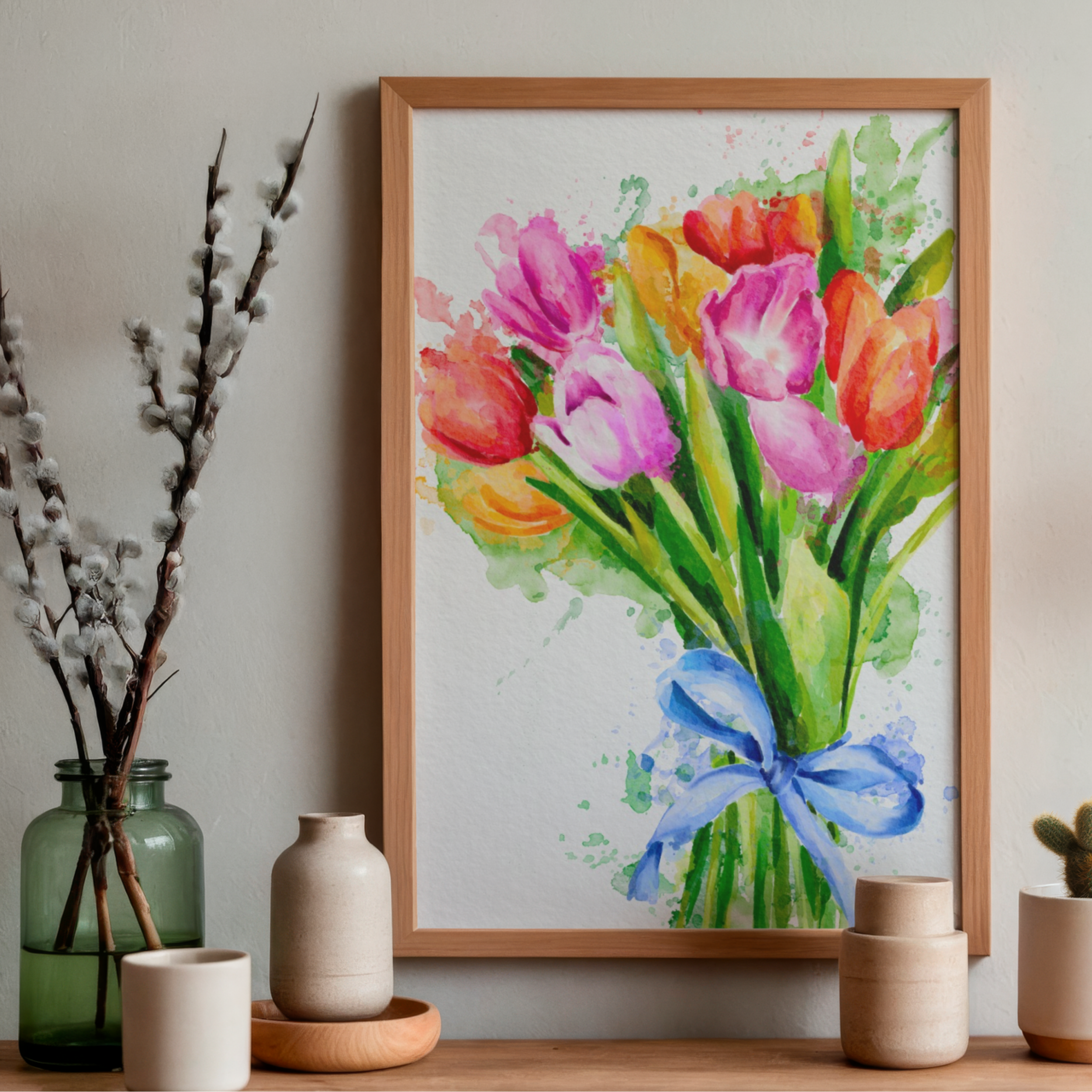 Framed watercolor painting of tulips with a blue bow on a wall above a wooden shelf with decorative items.