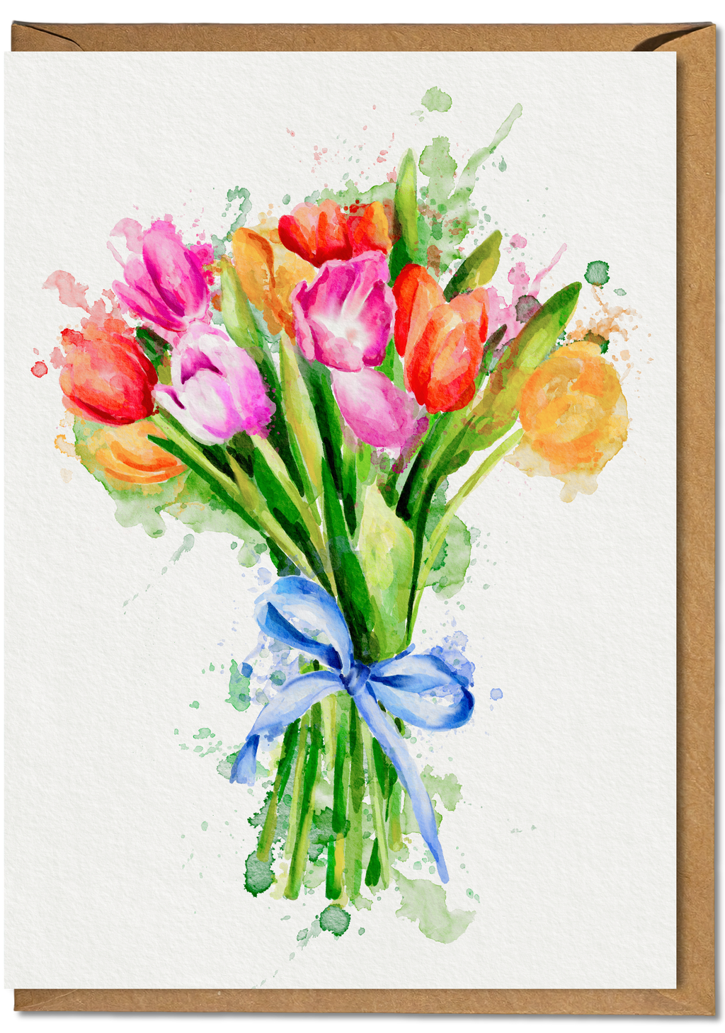 Greeting card with watercolour bouquet of tulips with a blue ribbon on a white background with brown kraft envelope