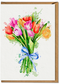 Greeting card with watercolour bouquet of tulips with a blue ribbon on a white background with brown kraft envelope