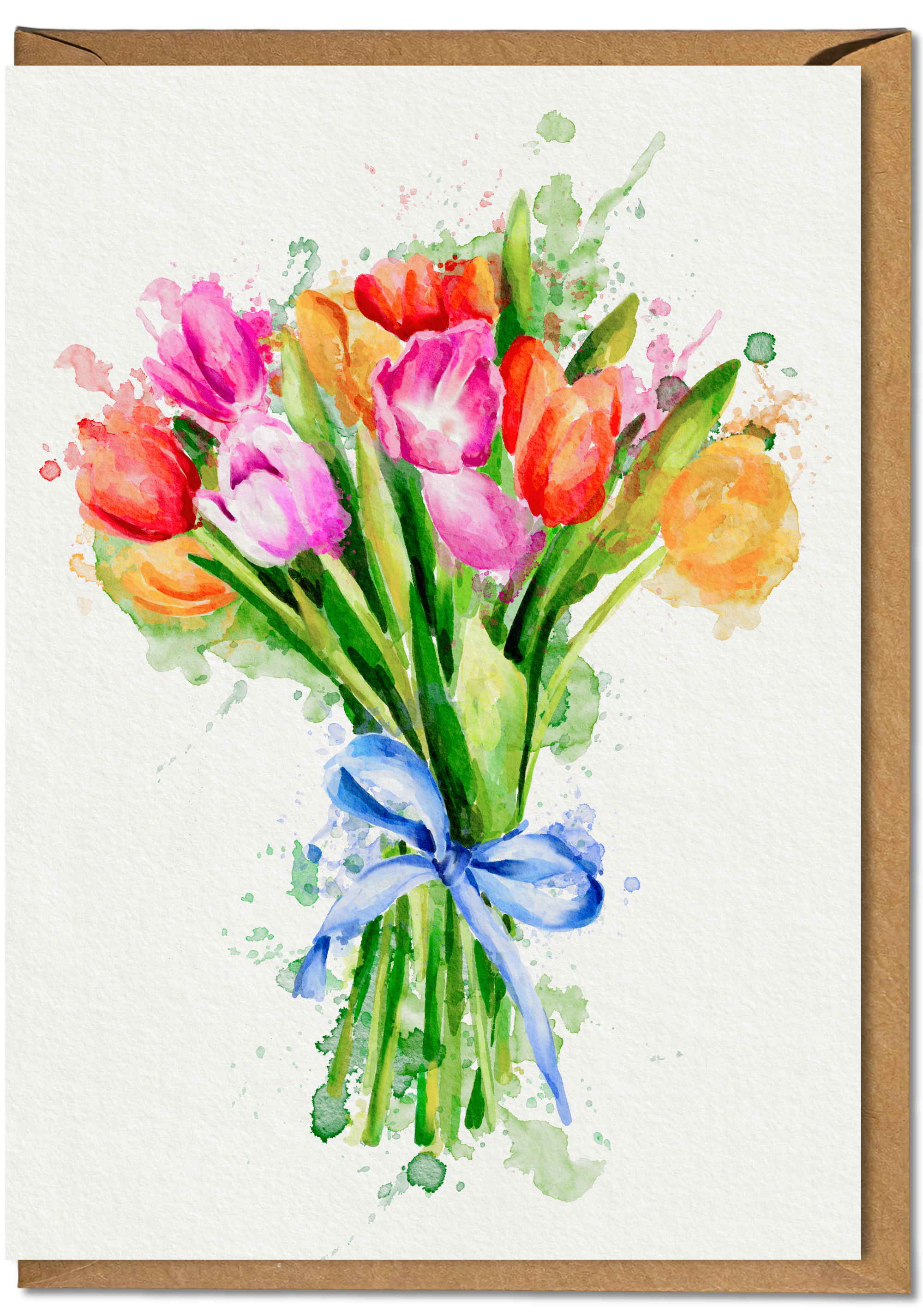 Greeting card with watercolour bouquet of tulips with a blue ribbon on a white background with brown kraft envelope