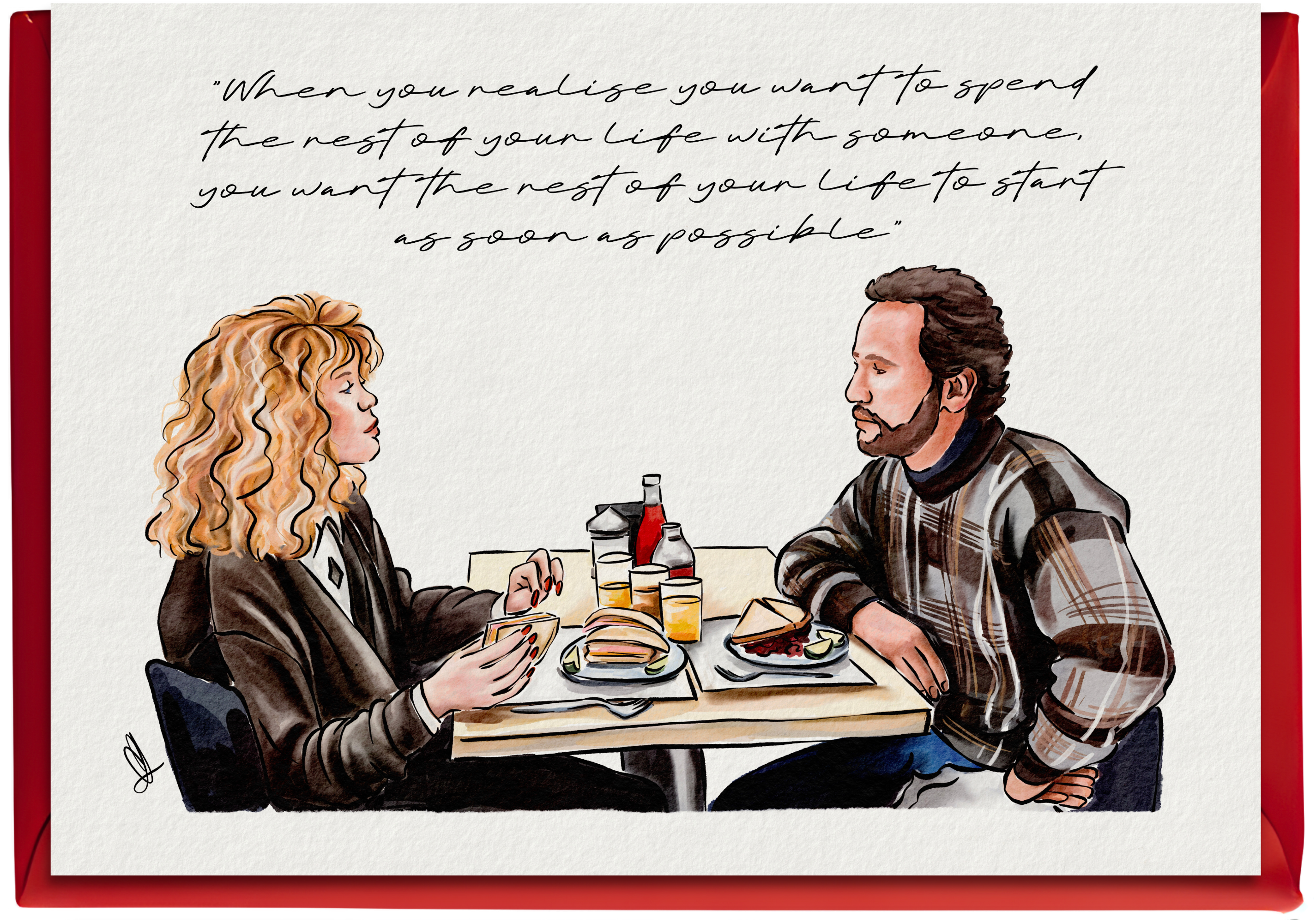Illustration of the diner scene from when Harry met sally, features a man and woman in a booth with food and ketchup, featuring a quote with a red envelope.