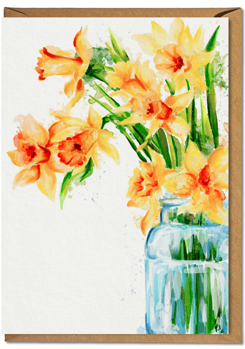 Greeting card with watercolor illustration of yellow daffodils in a blue vase on a white background.