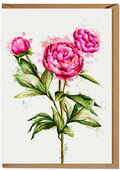 Floral painting of pink peony flowers with green leaves on a white background