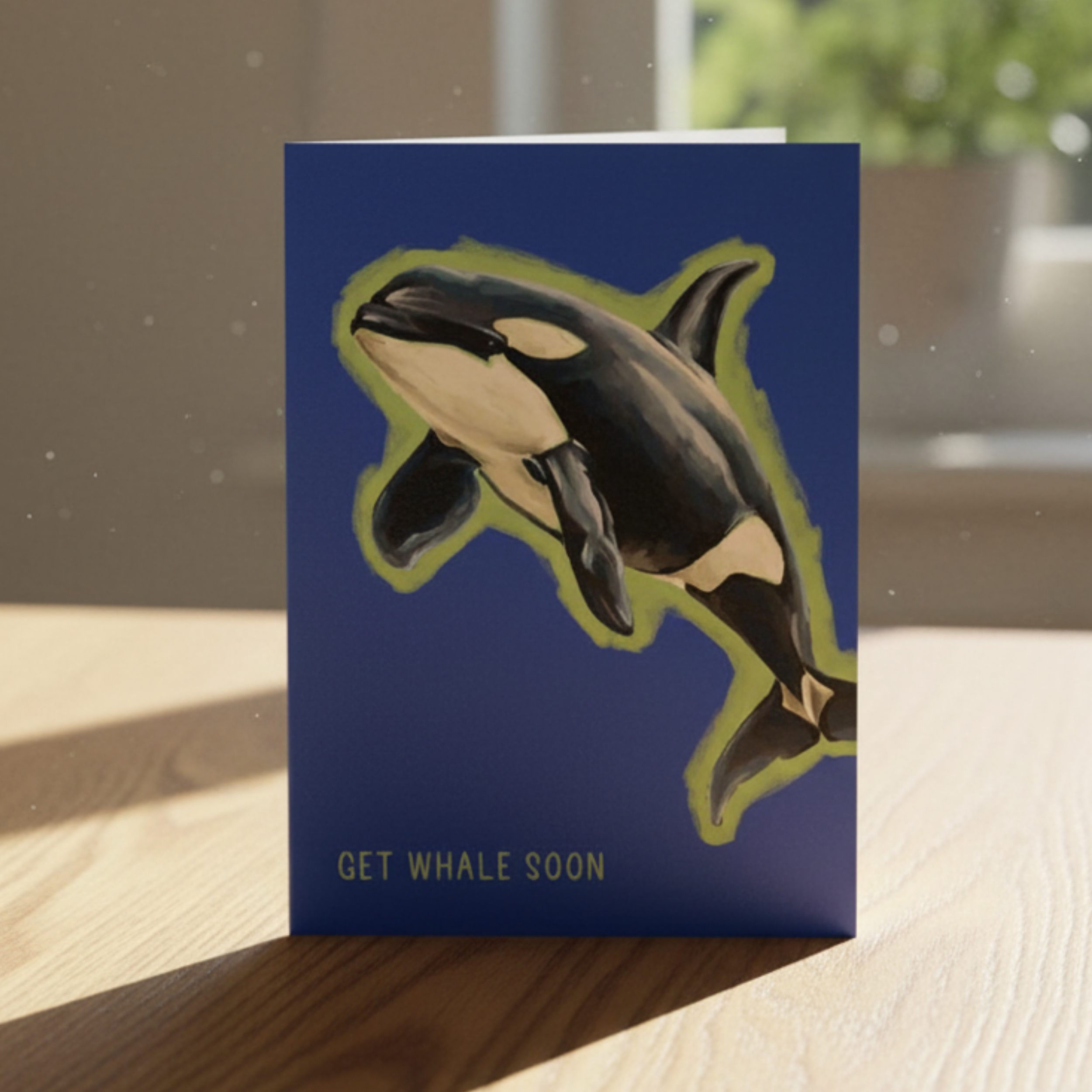 Greeting card with an orca whale illustration and 'Get Whale Soon' text on a blue background.