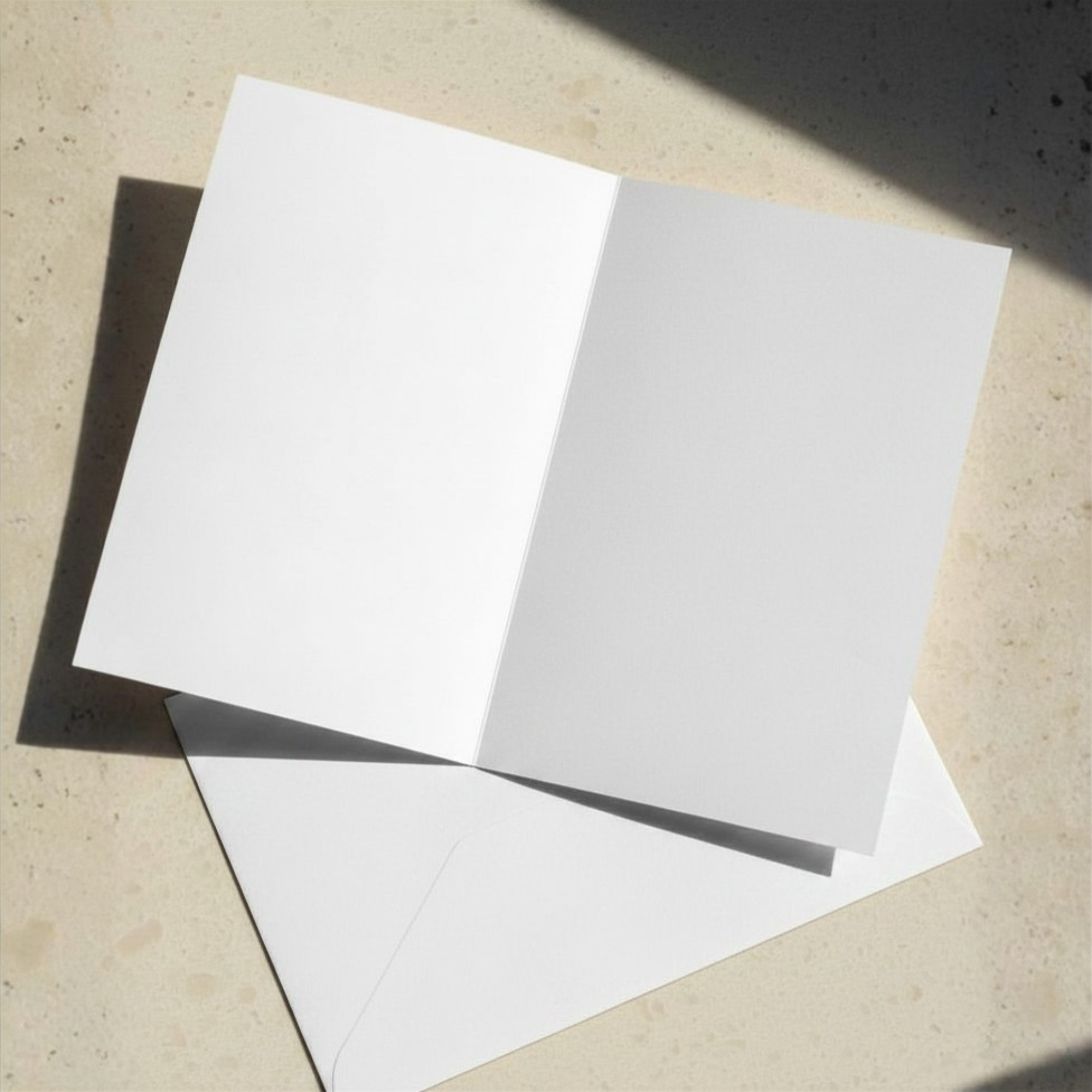 Blank greeting card open on a sunny counter with white envelope